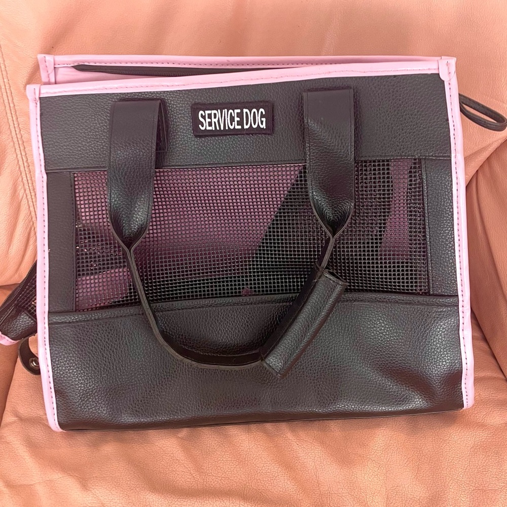 Service dog leather black and pink carrier